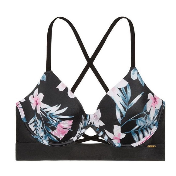 PINK Victoria's Secret Other - VS Pink Black Floral Push-Up Cross Back Bikini Top